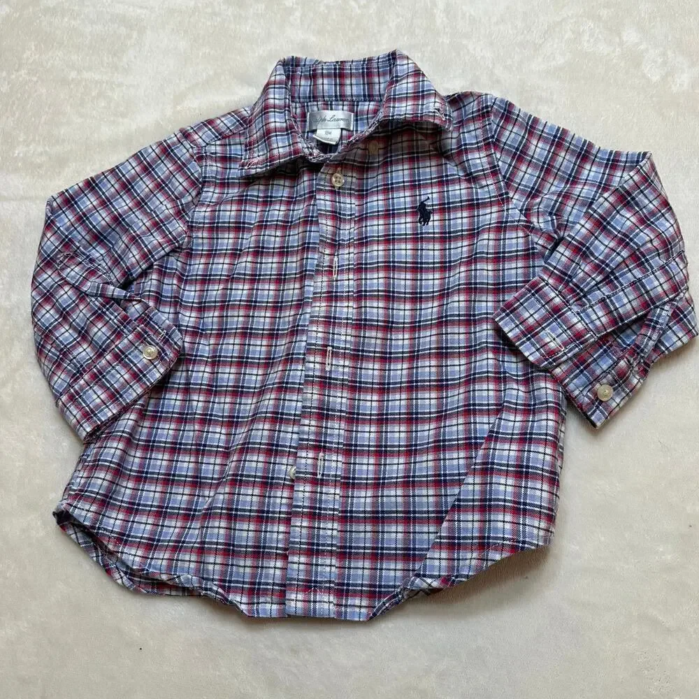 Ralph Lauren Plaid Button Down Shirt sz 18 M Red White Blue Plaid Preppy Classic